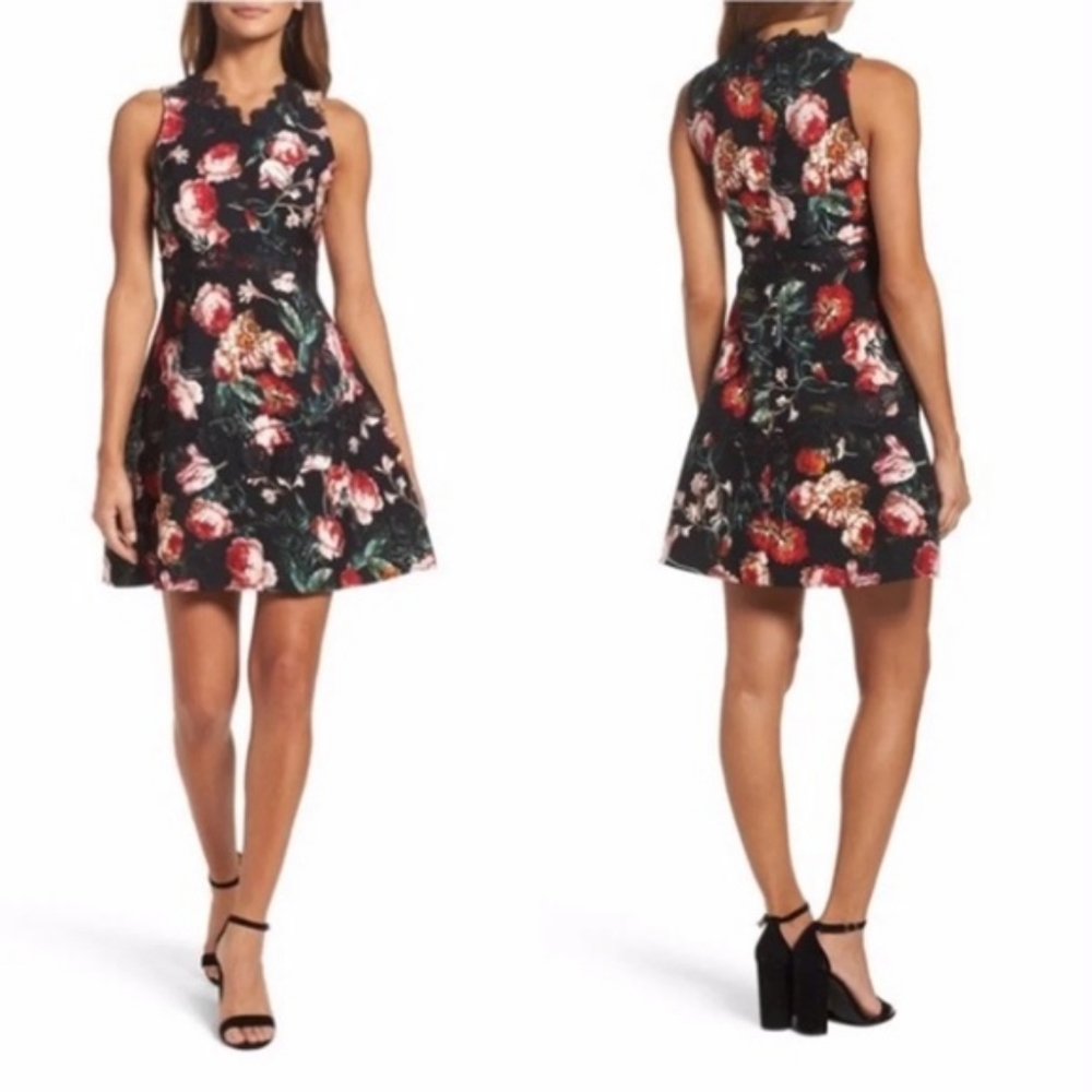 CHELSEA 28 black floral dress with lace detail